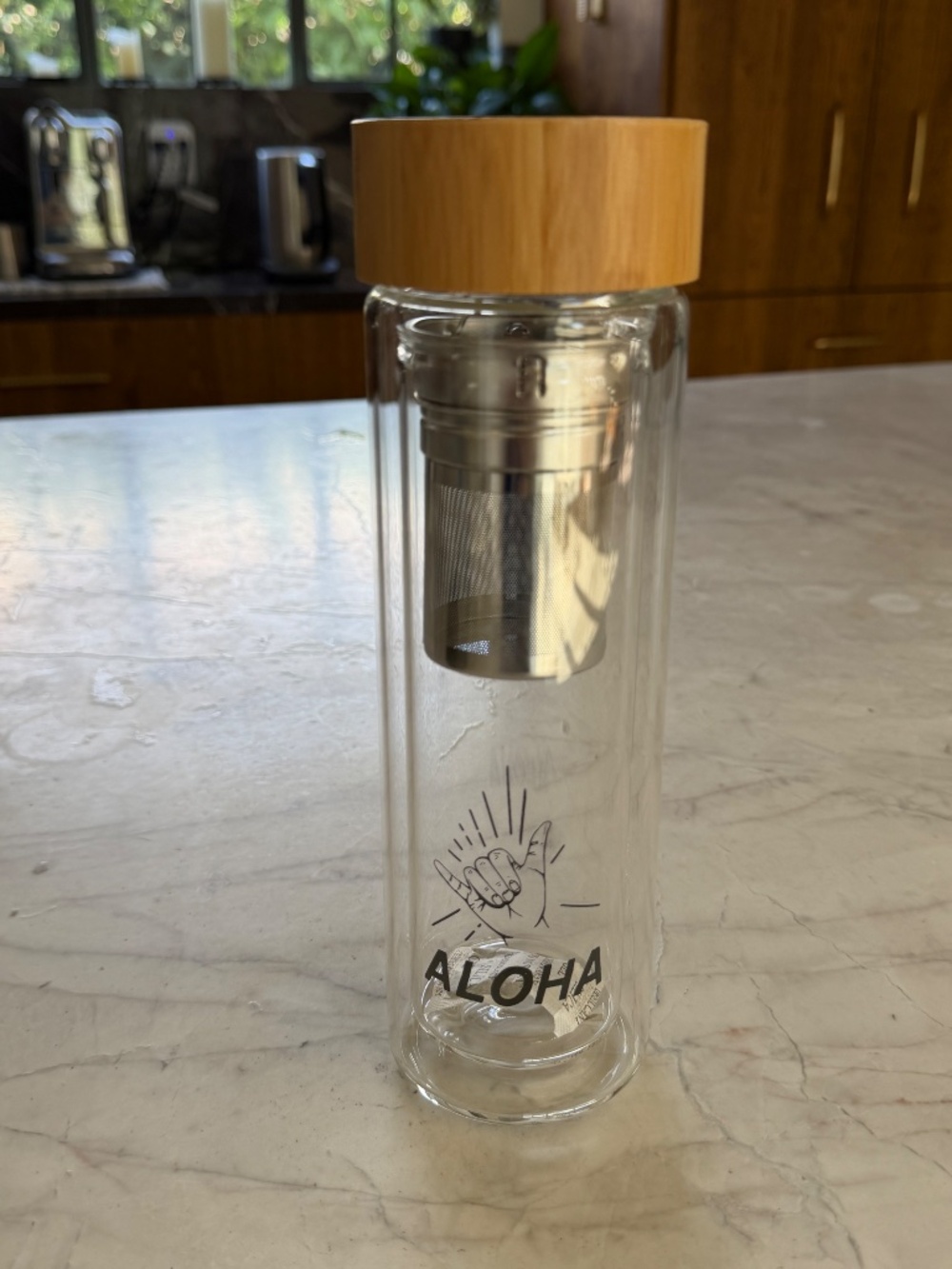Hawaii Aloha Glass Tea Infuser Bottle w/ Bamboo Lid + Be Still Brah Sleeve